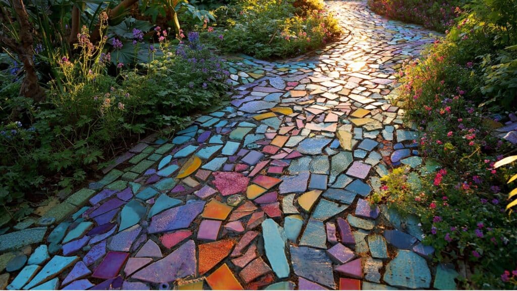 colorful recycled tile mosaic path