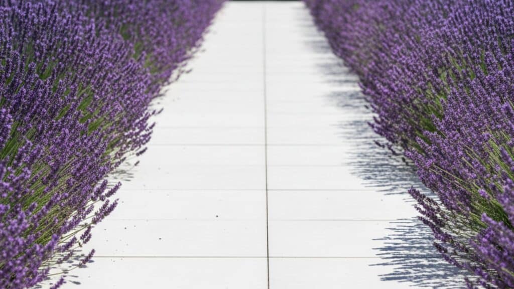 porcelain squares bordered by lavender