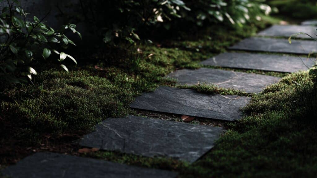 slate tiles set on moss bed